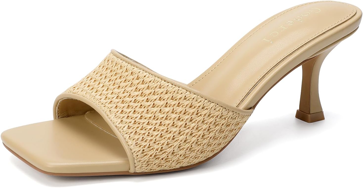 Kitten Heels for Women Square Open Toe Slip On Heeled Sandals Mid Mule Heels Casual Dress Shoes