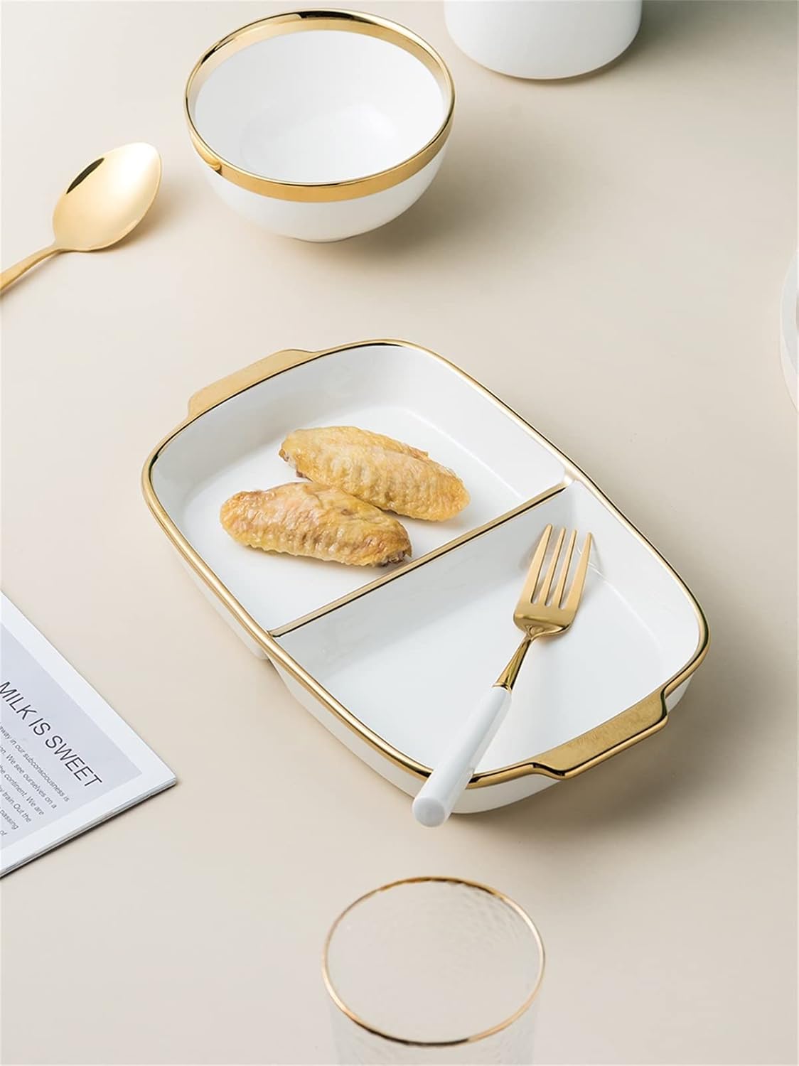 Weight Management Tableware - 2 Grids Divided Plate with Grip Electroplating Gold Edge Design Breakfast Plate - Portion Control Plates for Weight Loss for Adults Dishwasher Safe (Color : White)