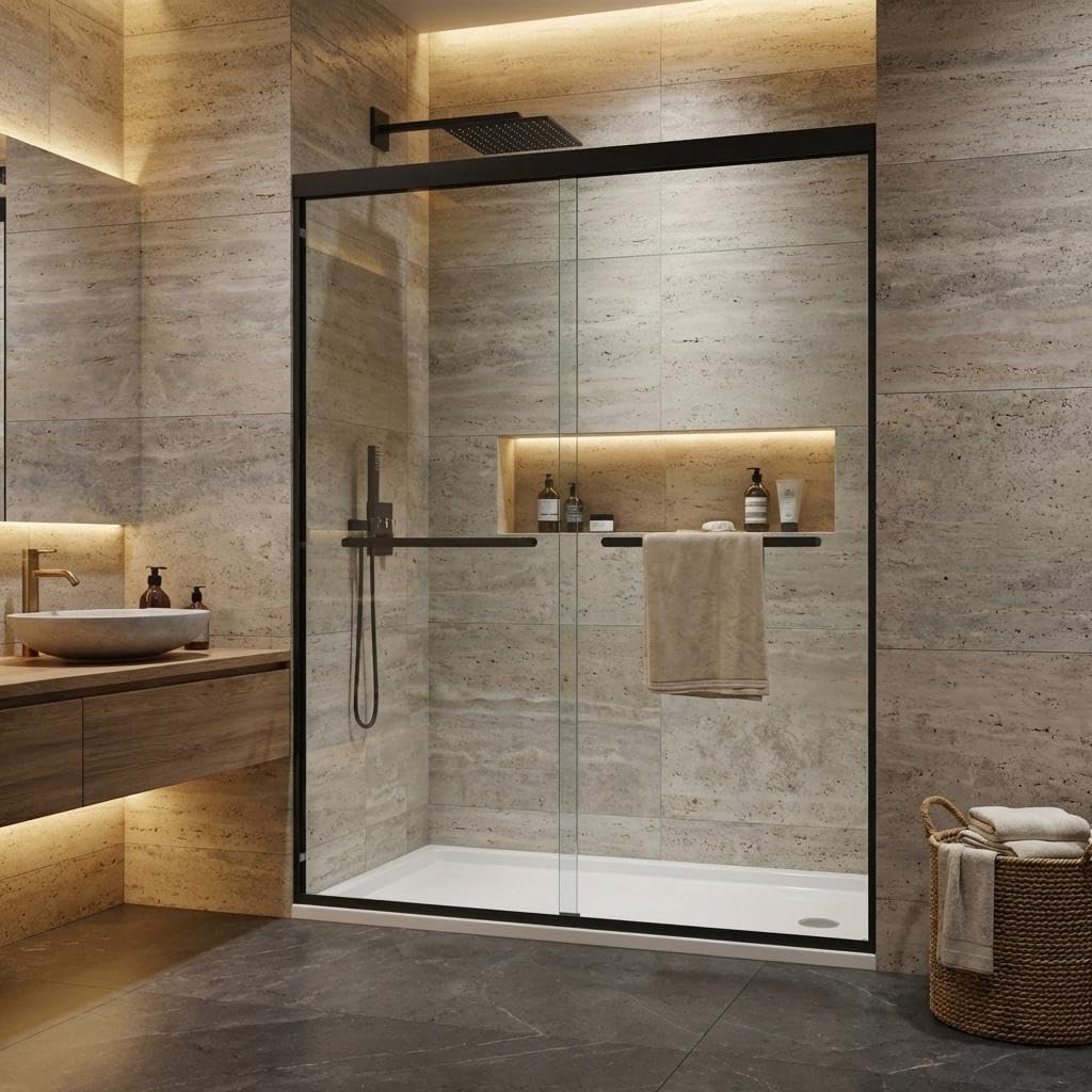 44-48" W x 72" H Sliding Shower Door, 6mm Tempered Glass with Square Rail, Double Sliding Design, Easy-Clean &amp; Smooth Glide for Bathroom Remodel, Matte Black