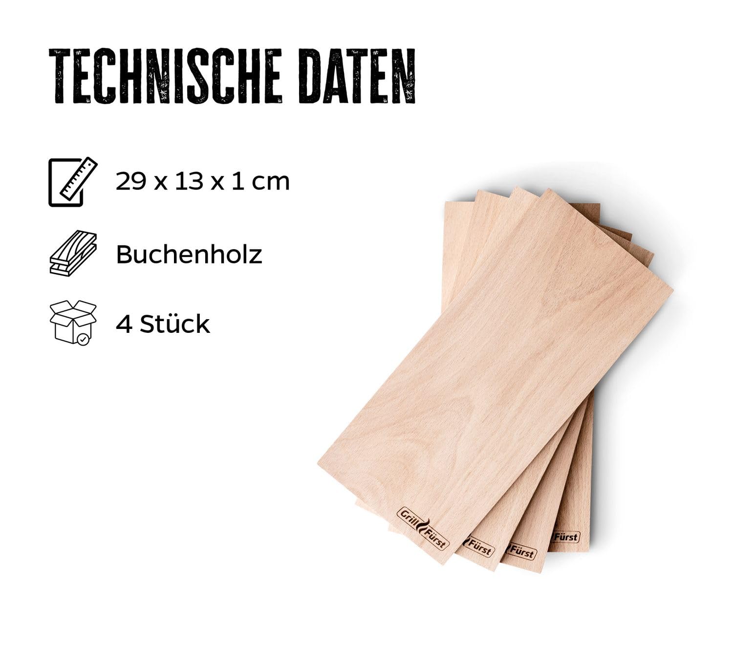 Grillfürst Planches à Fumer - Set de 4 - Planche à Griller en Bois de hêtre - Planche à Griller pour délicieux arômes de fumée - Planche pour Griller, 29 x 13 x 1 cm - Planches Grillade Barbecues