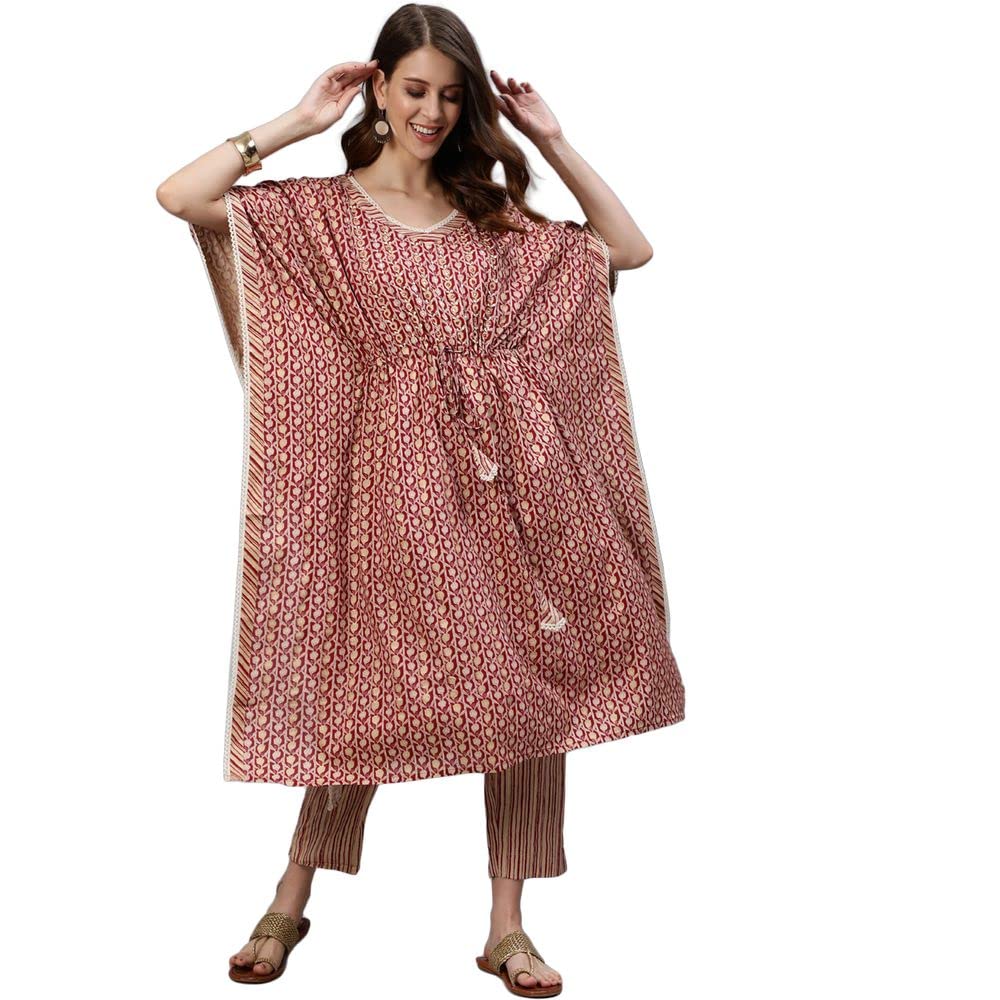 Anubhutee Women Red Printed Sequinned Kaftan Cotton A-Line Kurta Suit Set With Pants (Anu2001952L)