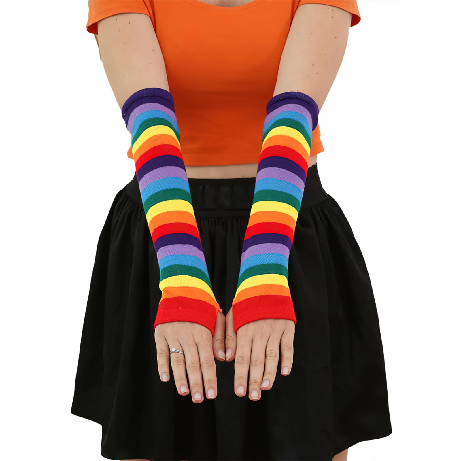 Boxkat Rainbow Stripe Long Fingerless Gloves Warmer Knitted Elastic Arm Elbow Thumbhole Gloves for Women Man Rainbow Gay Pride Day Party Gloves