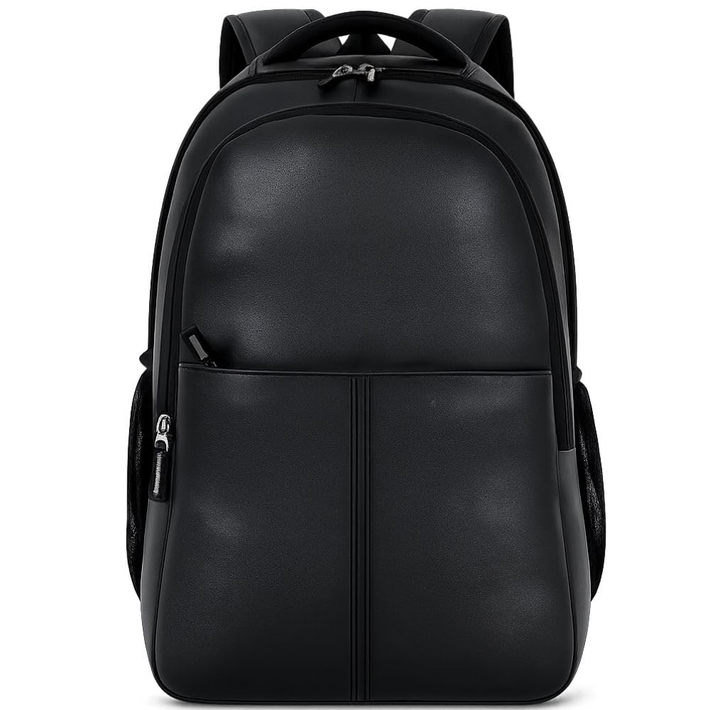 25L Laptop Backpack for Men & Women | Premium Vegan Leather Office Bag | Fits Up to 15.6 Inch Laptop | Business, College & Travel Backpack | Water-Resistant | Black-image-24