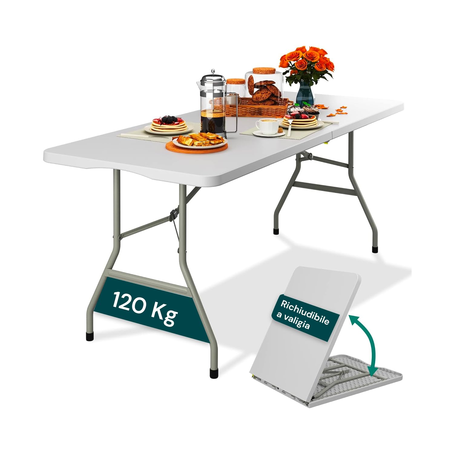 Avilia - Tavolo Pieghevole da Pranzo Salvaspazio per Cucina e Soggiorno, Richiudibile e Portatile con Blocco di Sicurezza, Superficie in HDPE per 6 Persone, 180x70x74 cm Bianco
