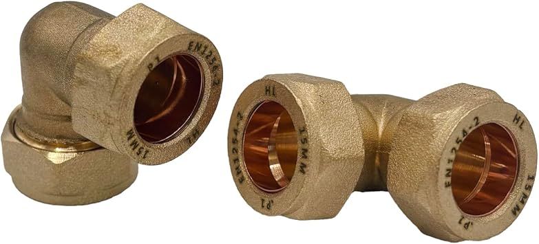PlumbEZ 15mm Compact Compression Elbow Fittings – Brass 90° Plumbing Bend for Copper & Plastic Pipe | Leak Proof Compression Joints for Water, Gas & Heating Systems (2)