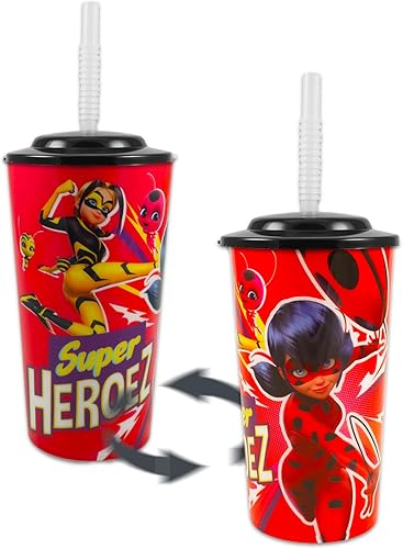 Miniatura 2 de Miraculous Juego de tazas reutilizables de Ladybug, paquete de 6 piezas con tazas de 16 onzas con tapa y pajita, calcomanías | Vasos de fiesta de