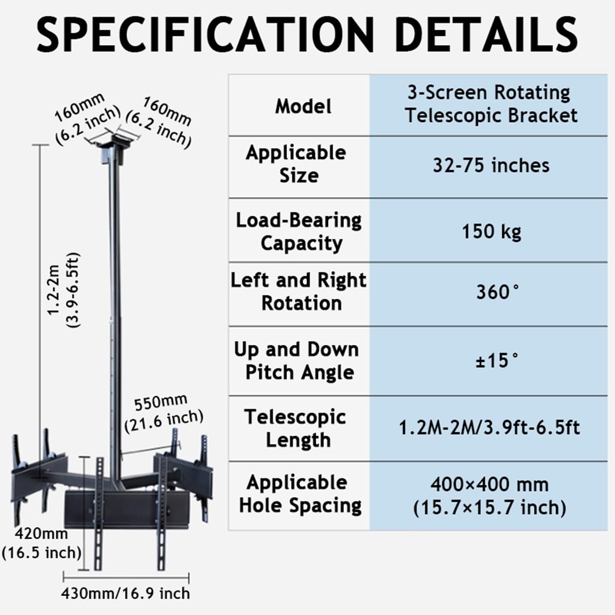 Soporte de TV de Techo de 3 Lados - Soporte de TV Colgante de Techo con 7 velocidades de Altura Ajustable, Compatible con la mayoría de televisores de 32 a 75 Pulgadas