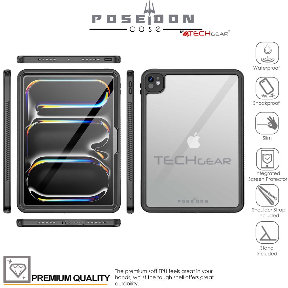 TECHGEAR Custodia impermeabile per iPad Pro 13" 2024 (M4) [Poseidon Case] Custodia sottile e robusta antiurto impermeabile con protezione schermo integrata + supporto e cinturino