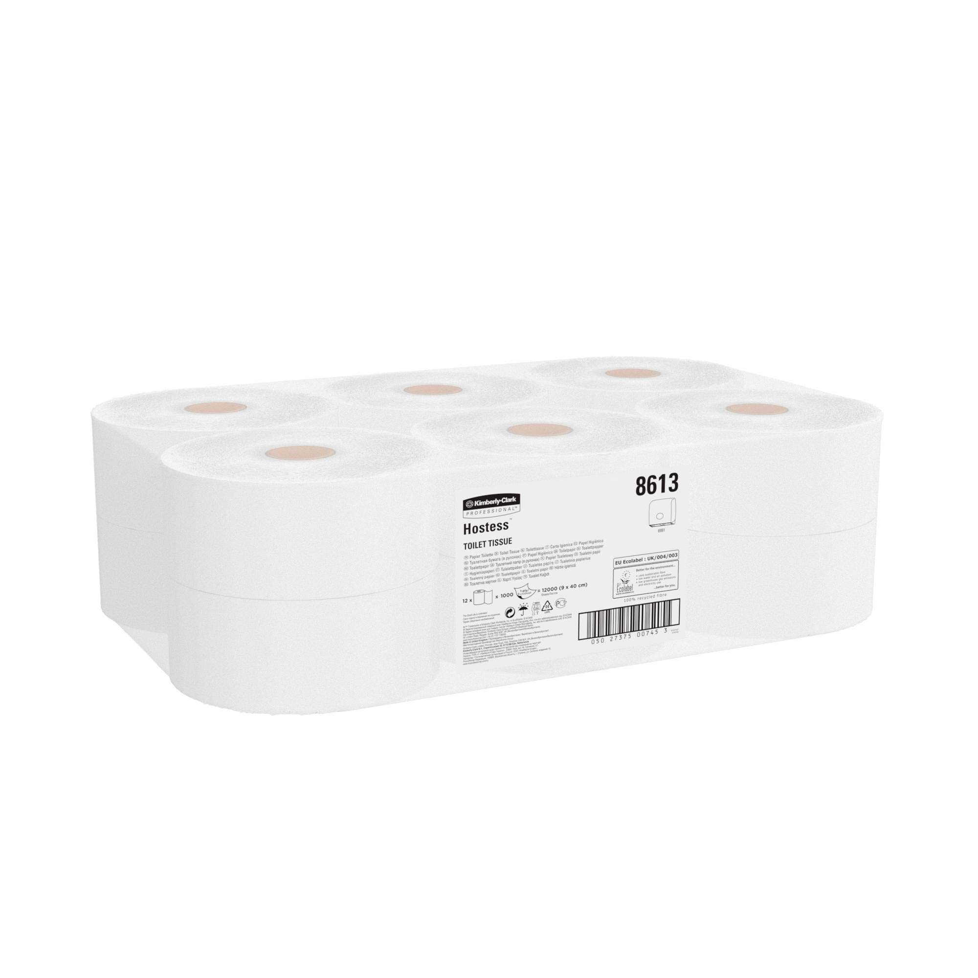 Hostess 8613 Maxi Rotolo di Carta Igienica a 1 Velo, 12 Rotoli x 1000 Fogli, Bianco