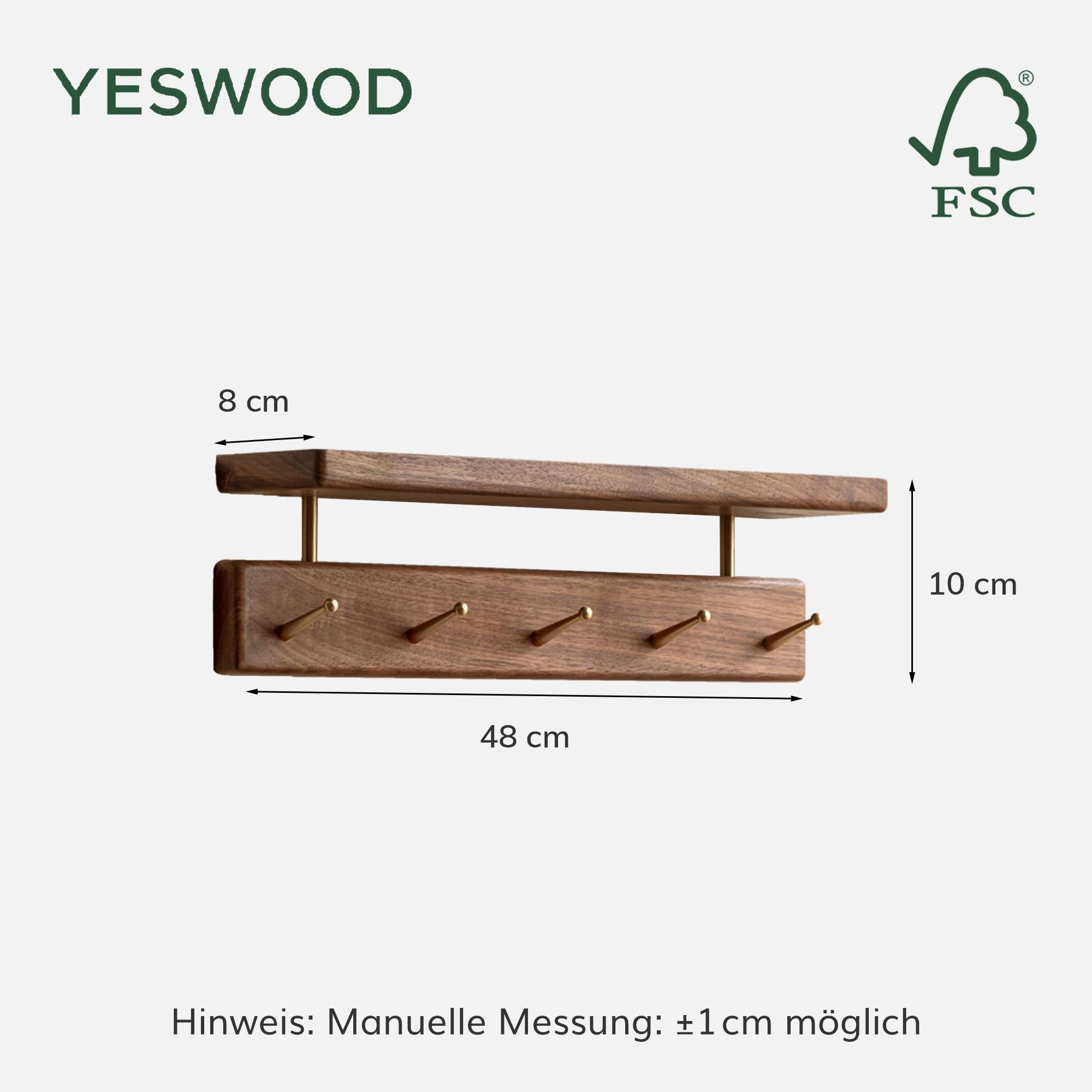 YESWOOD Wandgarderobe aus massivem Nussbaum, 2-in-1 Wandregal & Garderobe, Garderobenleiste für Kleidung, Hüte und Handtücher, 5 Messinghaken, Walnuss