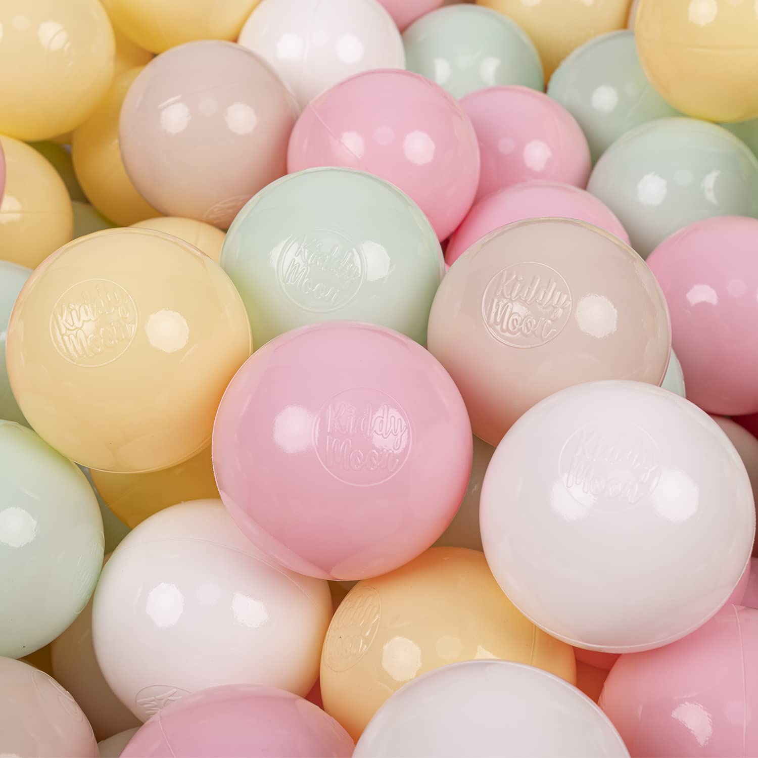 KiddyMoon Soft Plastic Play Balls 50 Balls/7Cm-2.75In Multi-Colour Made In EU, Pastel Beige/Pastel Yellow/White/Mint/Light Pink