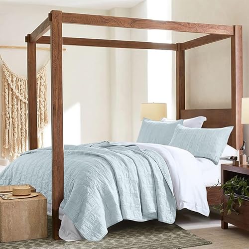 HORIMOTE HOME 100% Cotton Quilt Set Queen Size, Baby Blue Pre-Washed 3-Piece Bedspread Coverlet Set, Cozy Lightweight Stitching Bedding Cover with 2 Shams in Geometric Pattern for All Season - Image 4