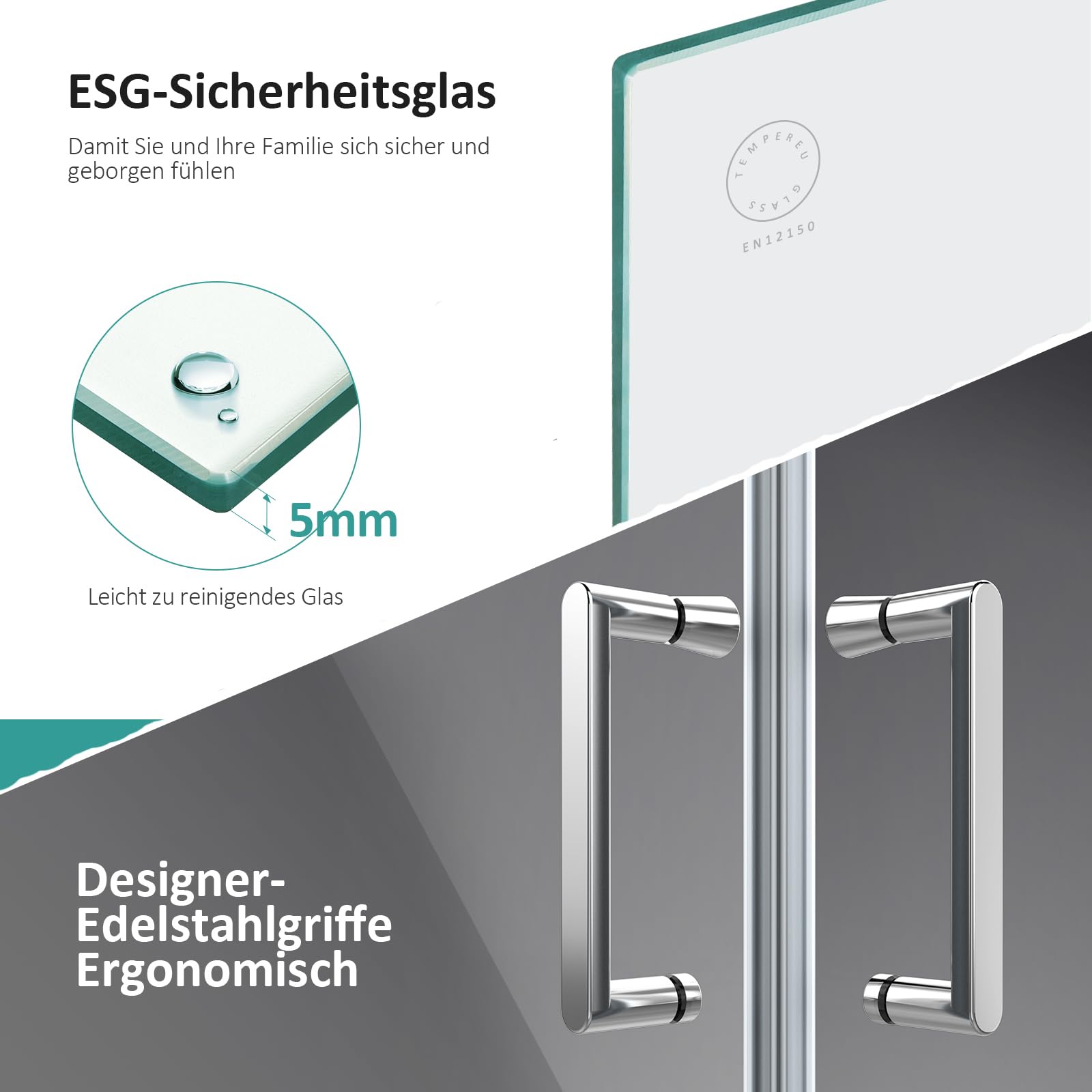 EMKE Eckduschkabine 75x75 Cm – Klappbare Pendeltür Aus 5 Mm Sicherheitsglas, Höhe 195 Cm – Komplettset Fürs Badezimmer