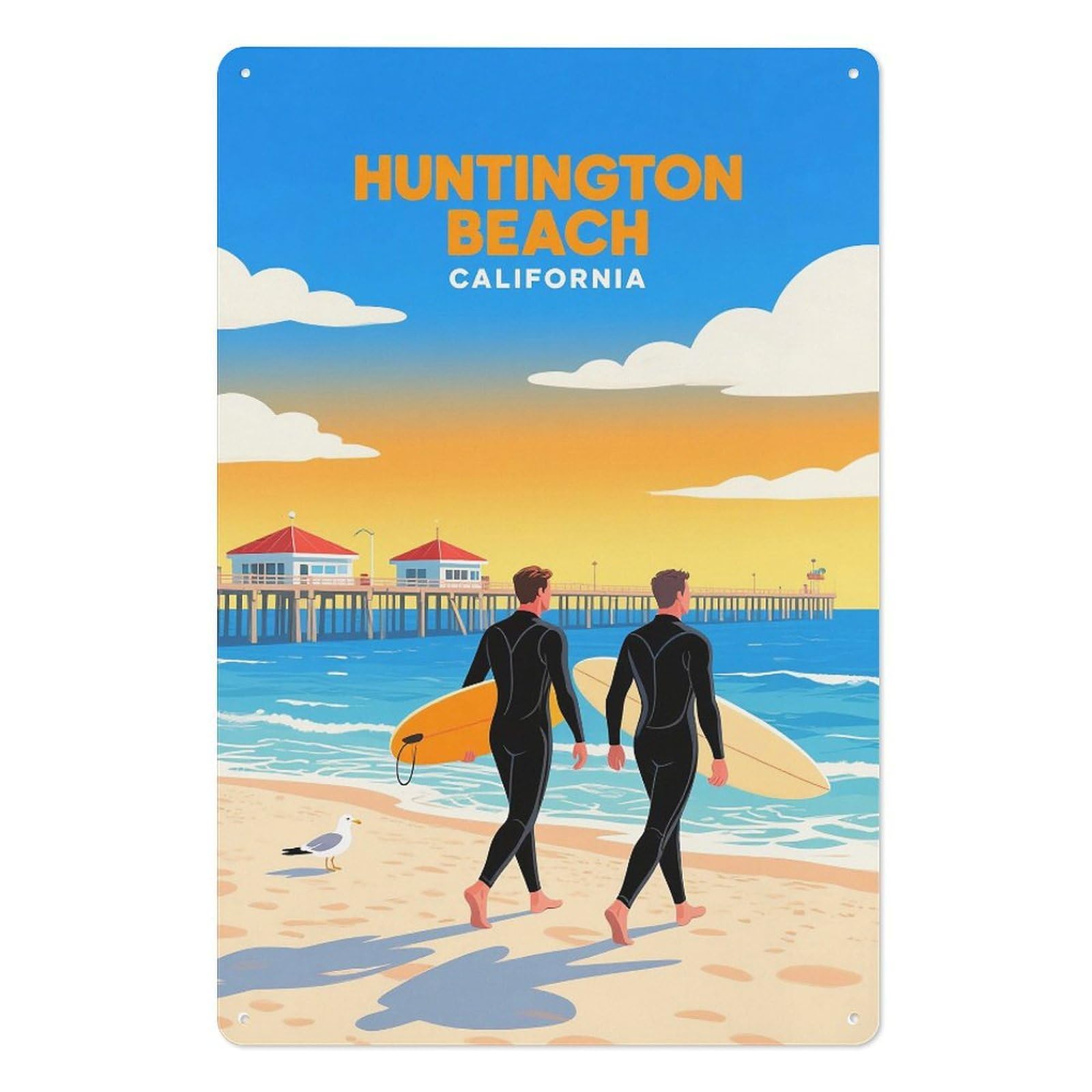 Huntington Beach California Retro Design Tin Painting Vintage Tin Sign 08x12inch(20x30cm) Wall Art for Home Office Bedroom Living Room Cafes Wall Decor