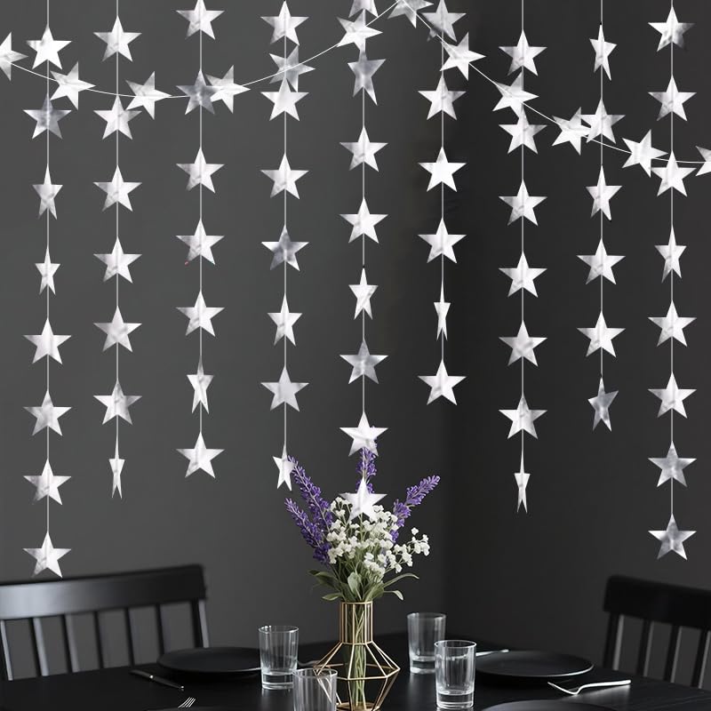 Image of Silver Shining Star Hanging Garland Silver Hanging Sparkling Star Streamer Glitter Bunting Banner Twinkle Backdrop for Wedding Baby Shower Birthday Christmas Decorations 40 Feet
