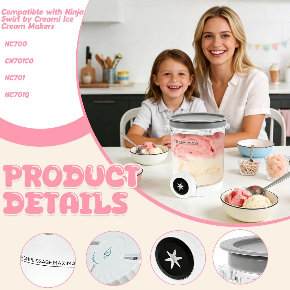 2 Stück Creami Behälter für Swirl, Creami Swirl Kompatibel mit NC700 NC701Eu Serie, Becher Eismaschine Zubehör 500ml Bpa-Frei und Spülmaschinenfest（Grau）