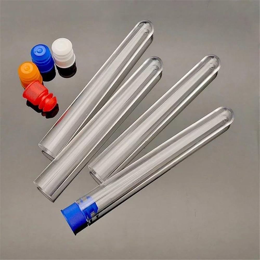 Cristalería de Laboratorio Lote de 100 tubos de ensayo de plástico transparente con tapa a presión de color, de fondo redondo, for centrífuga y experimentos.(15x150mm)