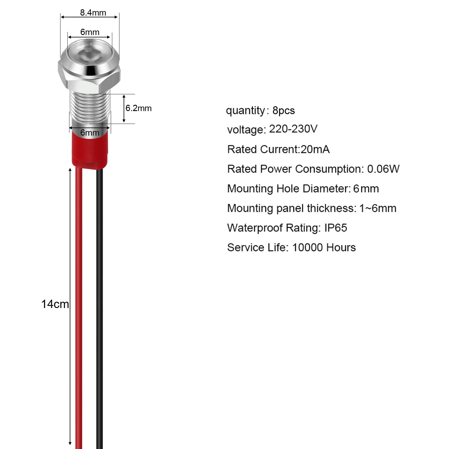 GUUZI 8 spie Luminose a LED da 6mm, 220V-230V Impermeabili con Piastra Metallica, Montaggio a Pannello, Testa Piatta con Cavi Guscio Argentato (Bianco)