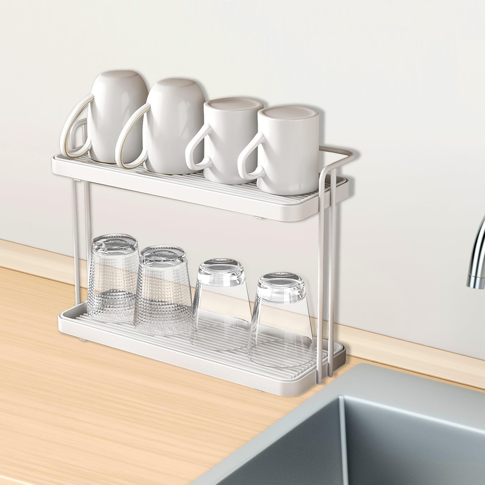 2 Strati Scolabottiglie, con Vassoio Antigoccia, Porta Tazzine da Caffè, Organizer per Piano di Lavoro Della Cucina, Scolapiatti per Biberon, per Bottiglie, Bicchieri e Tazze