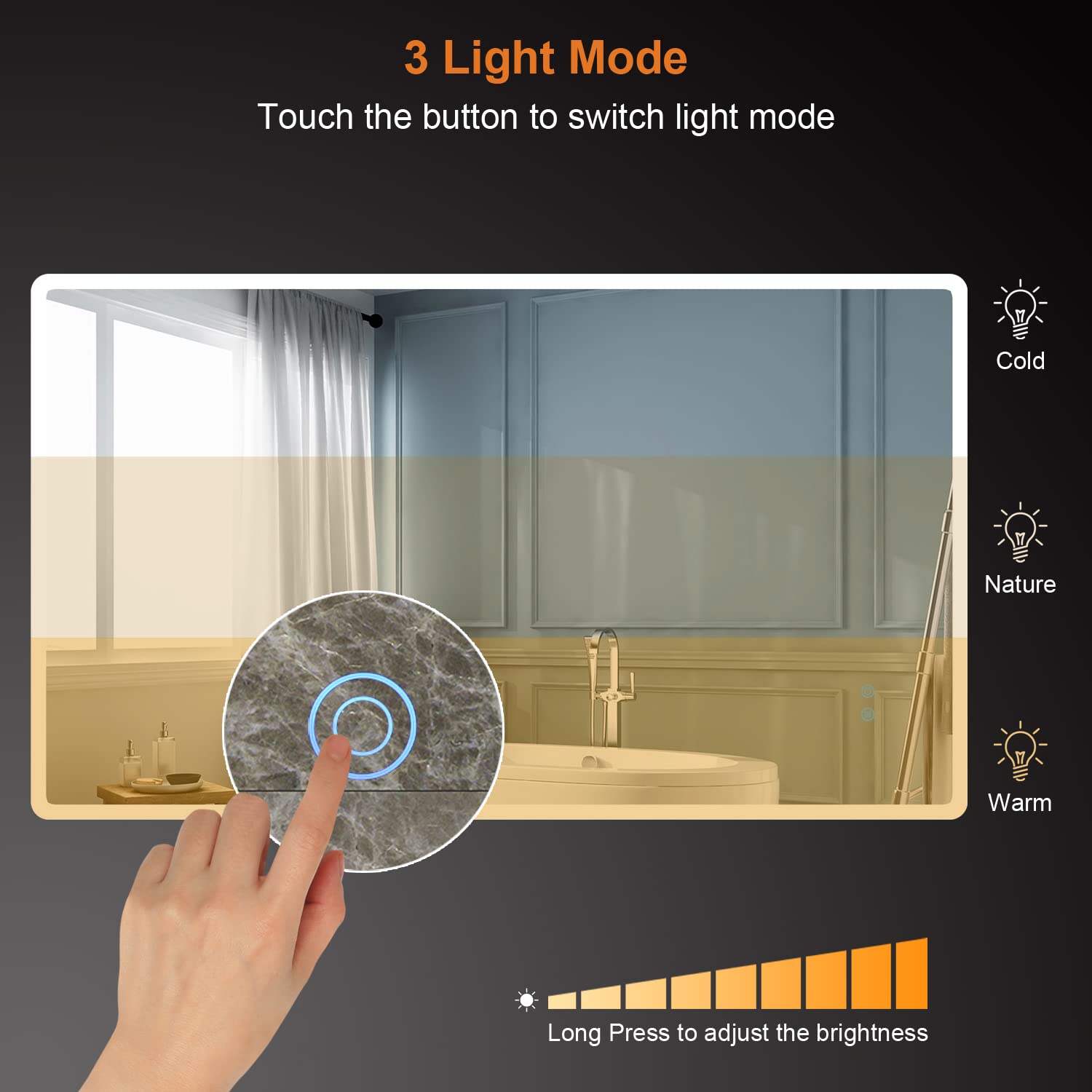 baklon Specchio da bagno con illuminazione, 120 x 70 cm, specchio da parete e interruttore touch, IP65 LED con funzione di memoria, 3 temperature di colore, orizzontale/verticale, vetro temperato HD