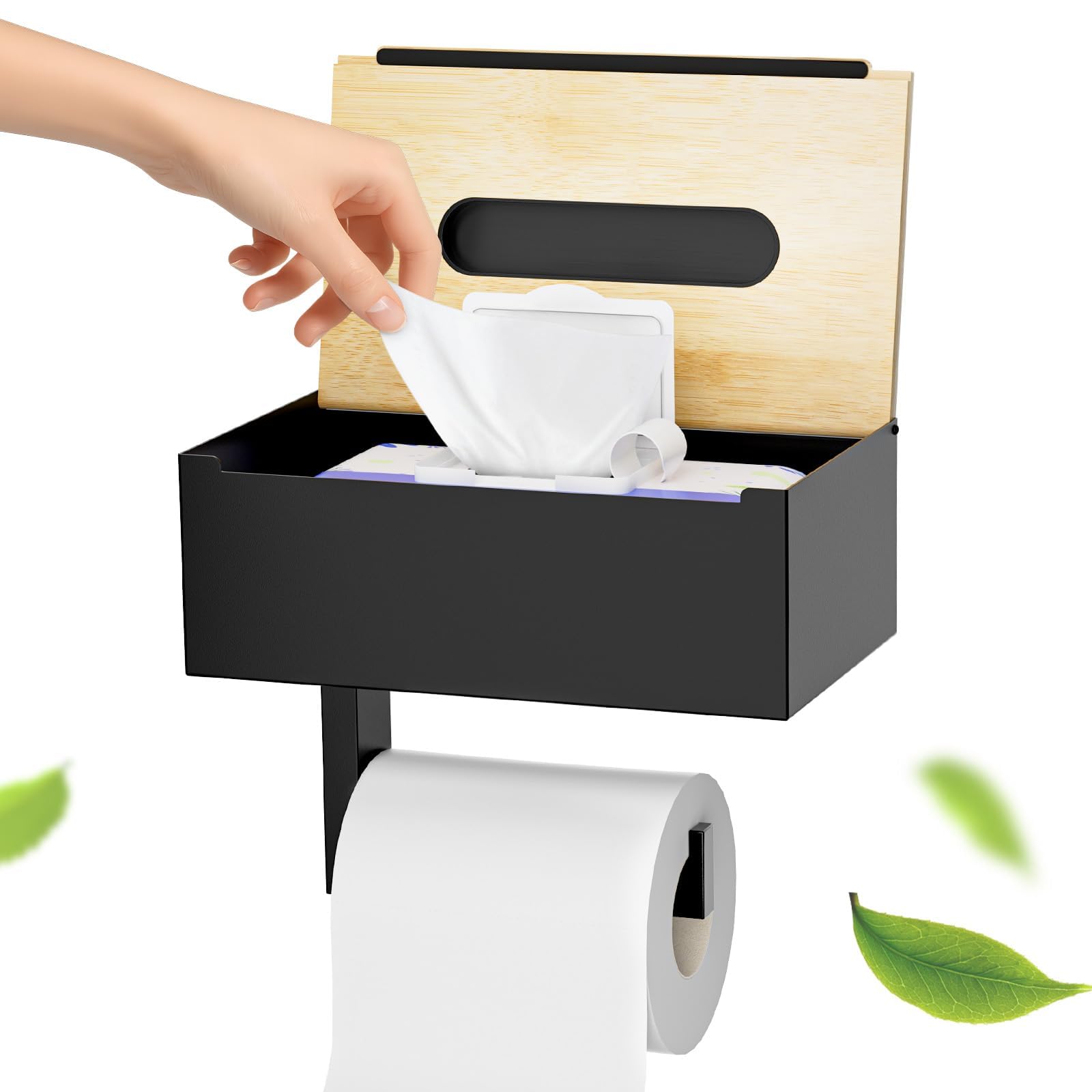 Toilettenpapierhalter mit Feuchttücherbox - Klopapierhalter ohne Bohren Klorollenhalter mit Ablage für WC & Badezimmer, Selbstklebend or Bohren, Edelstahl & Bambus