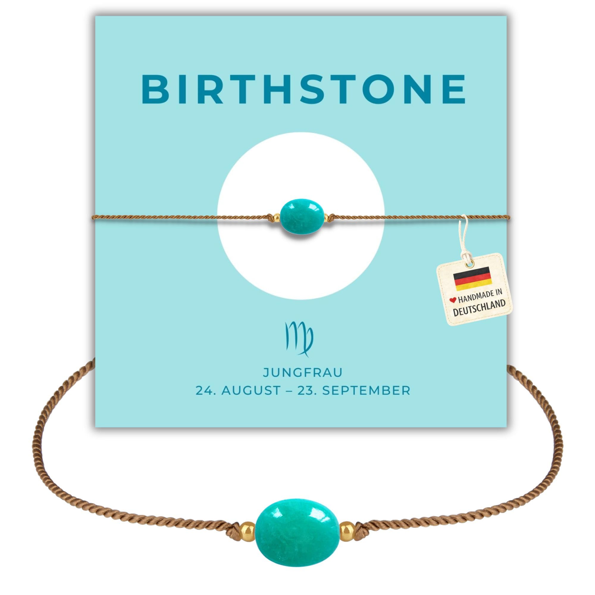 happymaker I Geburtsstein September, Geburtsstein Armband mit Amazonit, Sternzeichen Jungfrau, handgfertigt in Deutschland, Geschenkverpackung