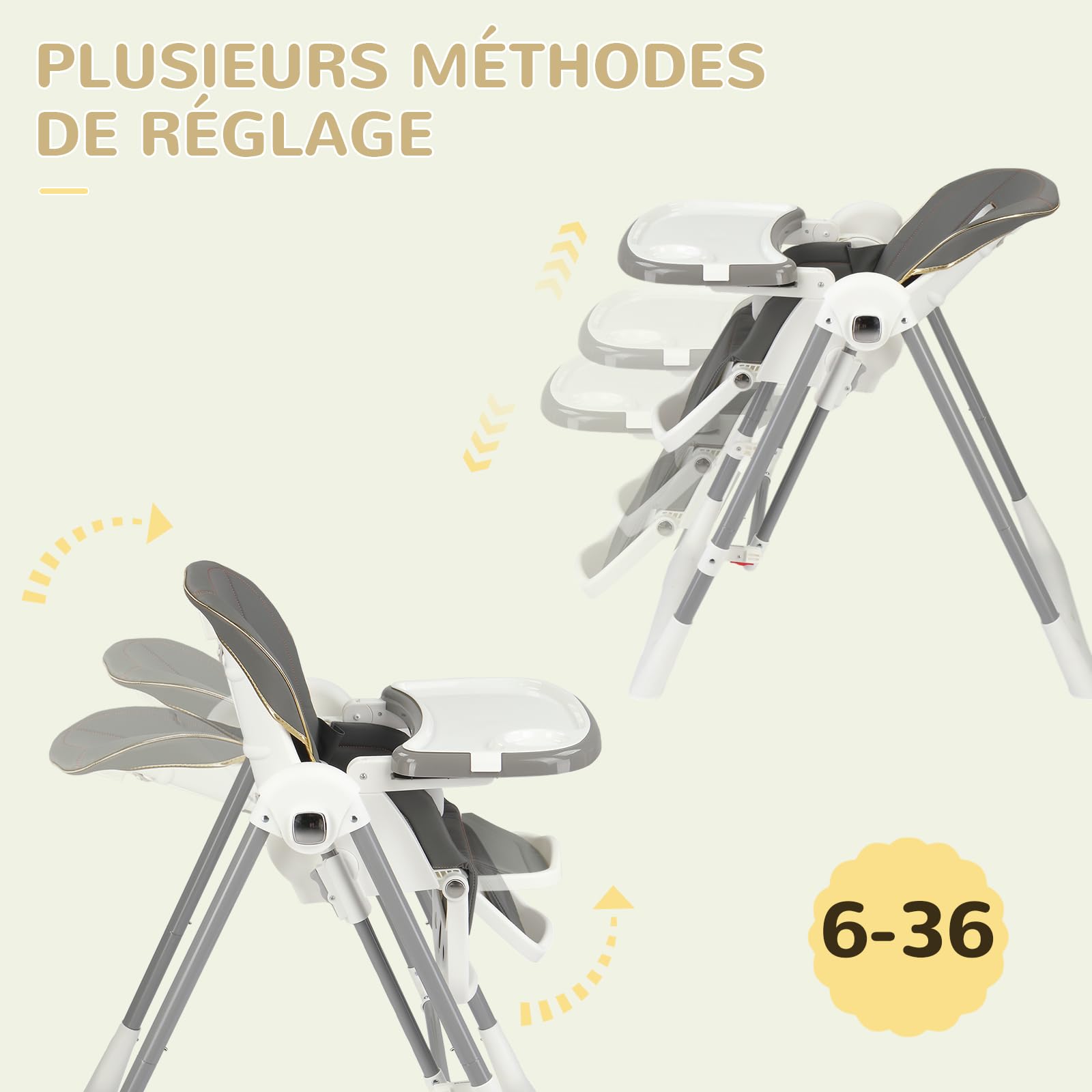 LEADZM Chaise Haute Bébé Pliable, 6 Hauteurs Réglables, Plateau Double Amovible, avec Roulettes Pivotantes, Charge Maximale 15 kg, Convient aux Bébés de 6 à 36 Mois (Gris)