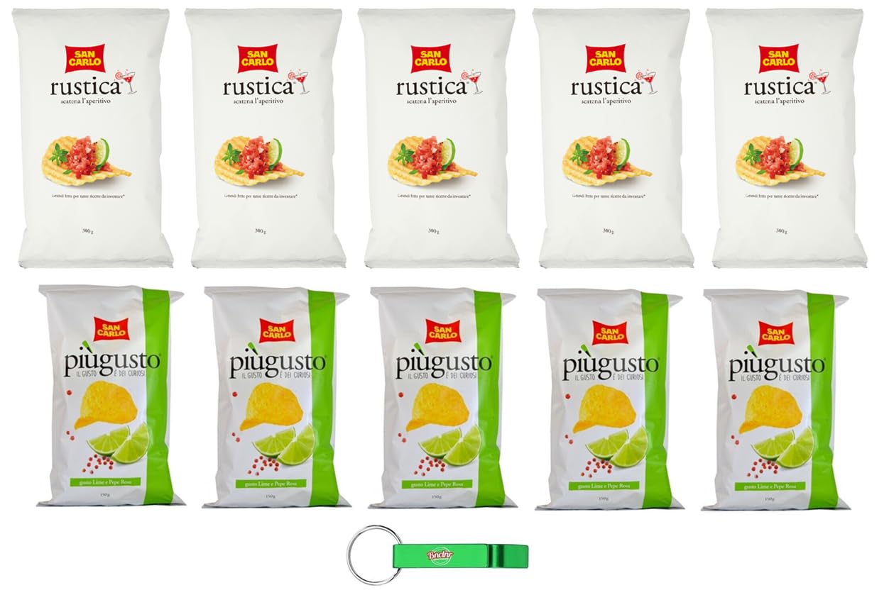 10 paquetes de prueba San Carlo Patatine, lima y pimienta rosa, 5 x 150 g + Rustica 5 x 300 g – Bolsa para patatas fritas + llavero Beni Culinari gratis