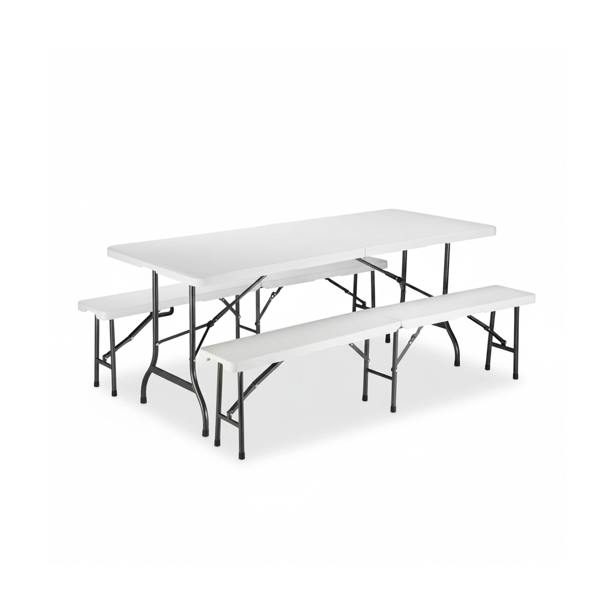 Relaxdays Conjunto Mesa y Bancos Jardín Plegables, Plástico, Blanco, 74 x 180 x 74.5 cm