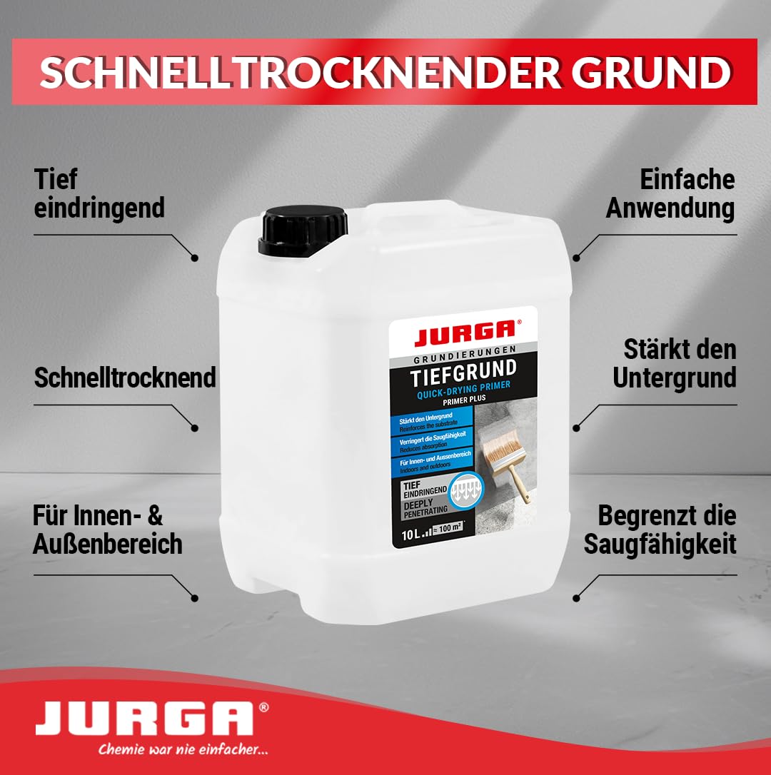 JURGA Tiefgrund LF (10L ca.50-100m²) Grundierung für Wand & Boden, Tiefengrund für Rigips Gipskarton Beton Estrich Putz SB-Platten