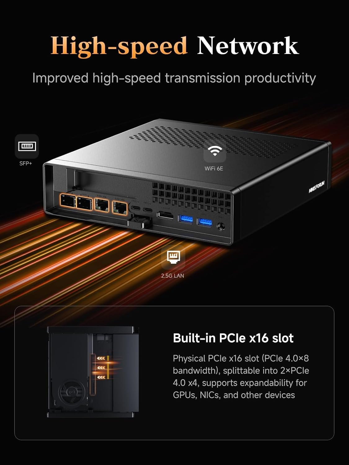 MINISFORUM Mini PC MS-A2, CPU AMD Ryzen 9 9955HX a 16 core e 32 thread fino a 5,4 GHz, AMD Radeon 610M, Barebone senza DDR5 RAM/SSD/OS, HDMI/USB-C x 2/2,5 G RJ45 x 2/10 G SFP x 2, Wi-Fi 6E, BT5.2