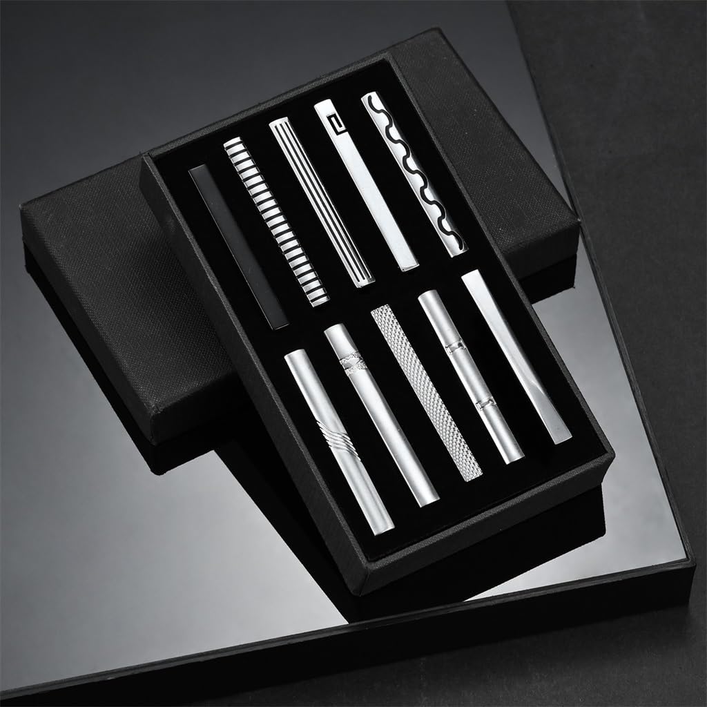 Boutons de Manchette pour Costume, Pince à col rayée argentée, Accessoires de Costume, Pince à Cravate pour Homme (Noir comme sur la Photo)