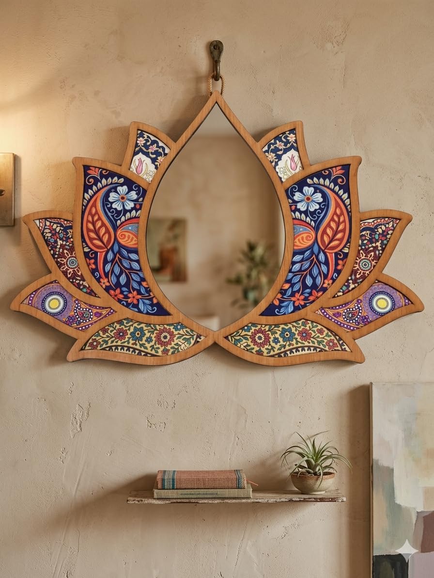 Lotus Shaped Wall Mirror with Boho Floral Paisley Print, Decorative Wooden Frame, Bohemian Style Home Decor-image-24