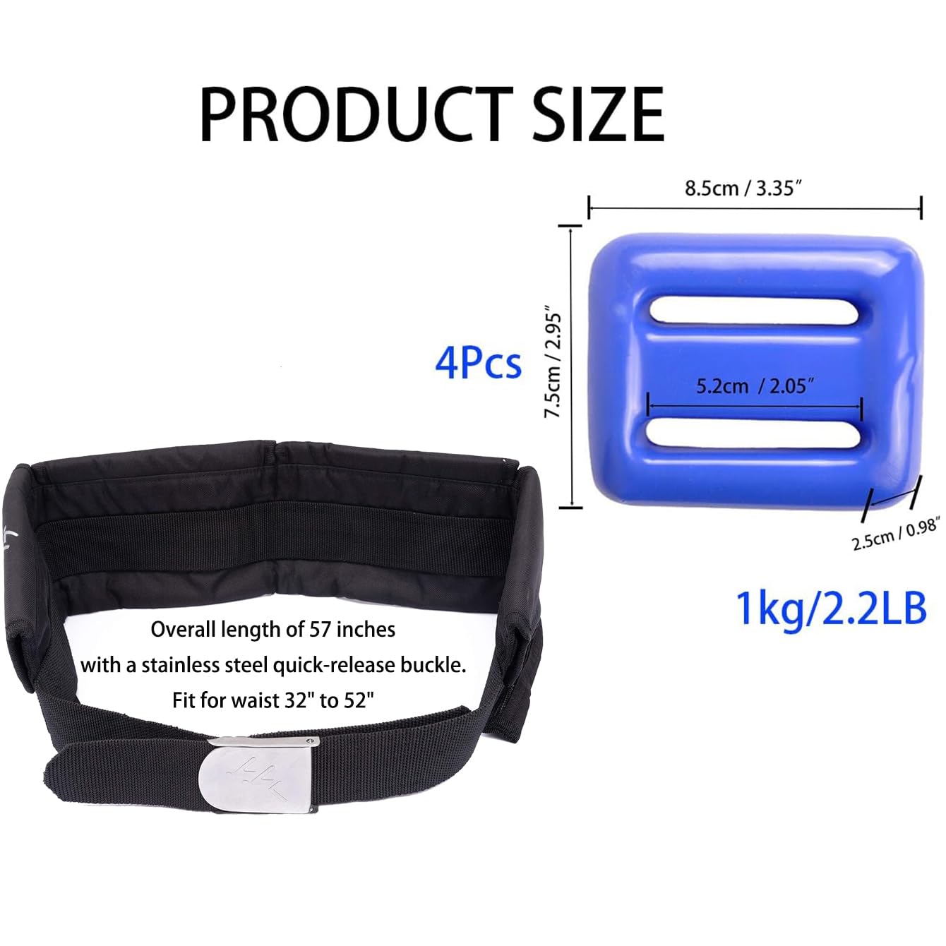 Pesi per immersioni rivestiti in vinile, 4 pezzi da 0,5 a 2 kg, con 4 tasche, cintura con fibbia a sgancio rapido, utilizzato per apnea, pesca subacquea e immersioni subacquee, misura per