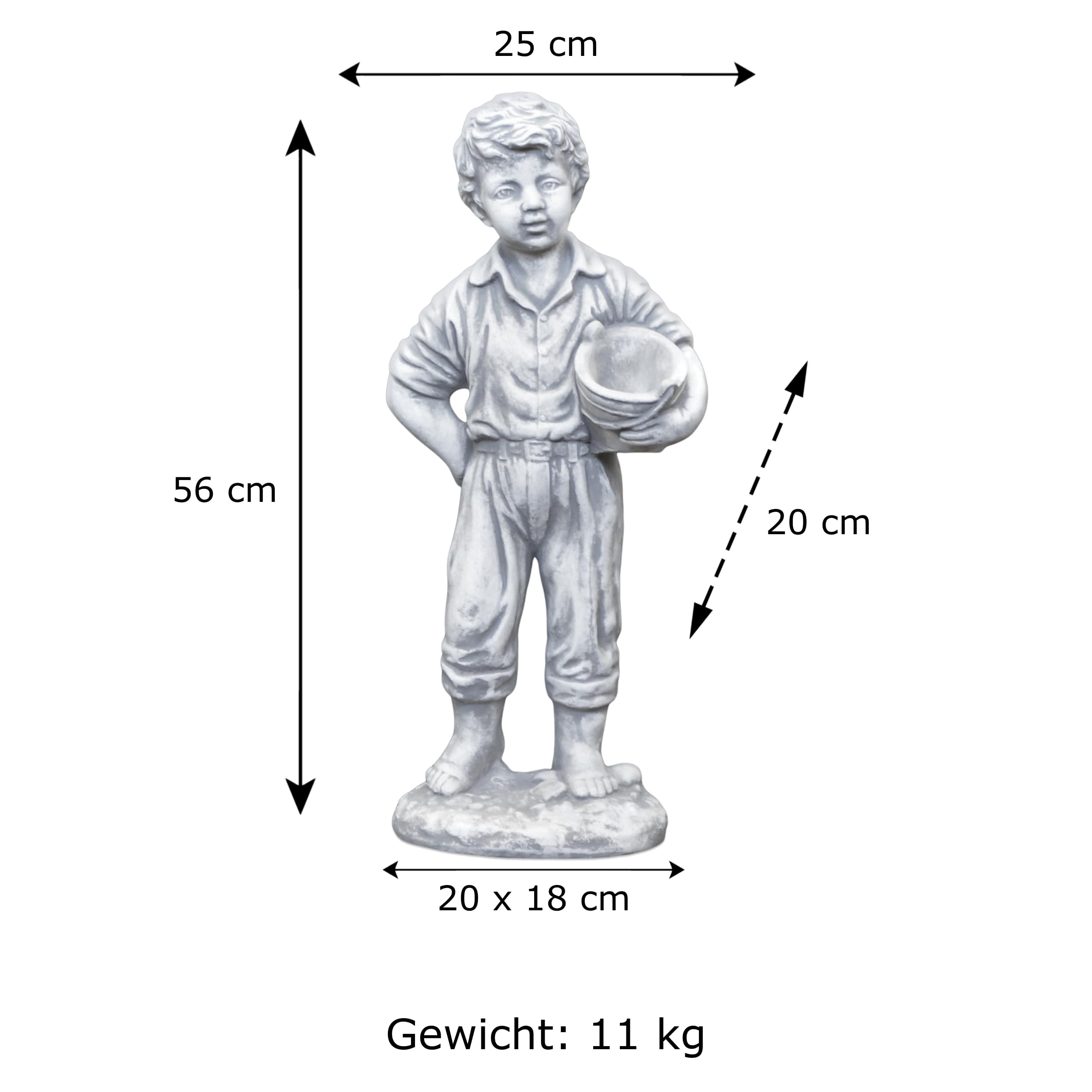 gartendekoparadies.de Masywna kamienna figurka, statuetka chłopca z donicą na rośliny, dekoracja ogrodowa z odlewu kamiennego, odporna na mróz