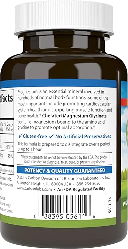 Miniatura 3 de Carlson - Magnesio quelado, 200 mg - Absorción superior, función cardíaca y muscular, soporte óseo, 90 tabletas
