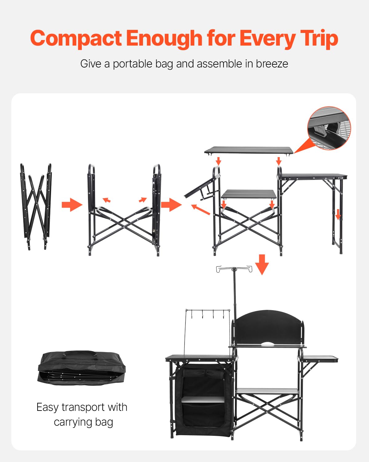 VEVOR Tavolo da Cucina da Campeggio all'Aperto, Stazione di Cottura Portatile in Alluminio con Armadio Portaoggetti, Borsa per Trasporto, Parabrezza Staccabile, per Barbecue, Festa, Picnic, Nero