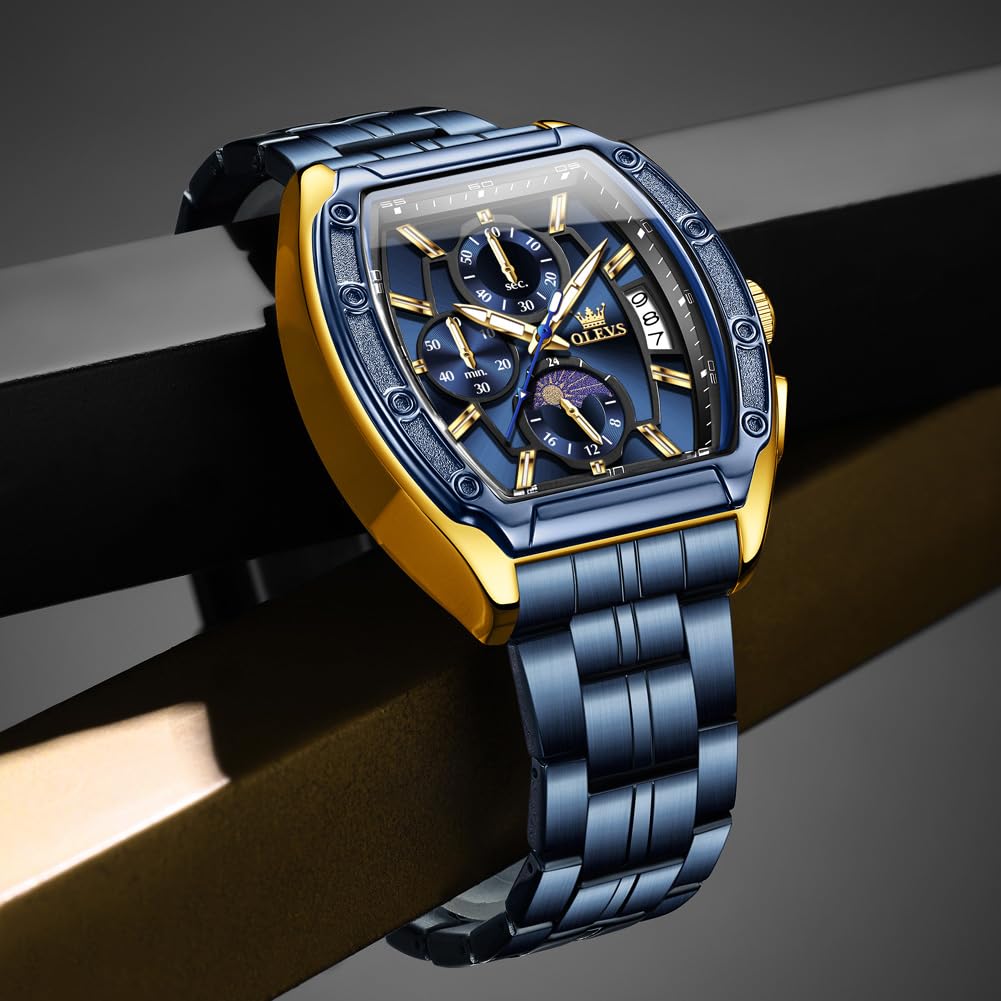 OLEVS Mens Watches Analog Quartz Chronograph Square Dress Watch for Man Stainless Steel or Leather Band Waterproof Luminous Date Male Watch