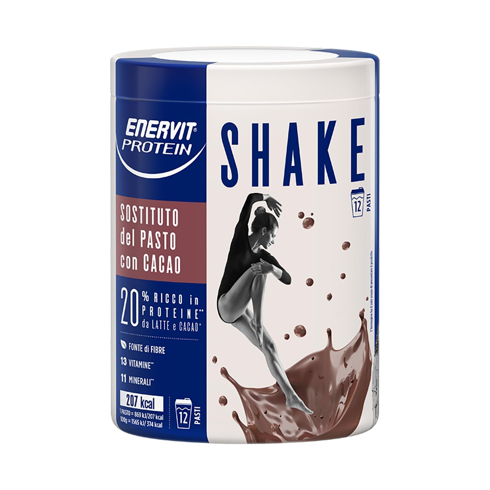 Enervit, Meal Shake Cacao Protein, Sostituto del Pasto, 1pasto=207 kcal, Bevanda Proteica, Gusto Cacao Intenso, 20% di Proteine, Per il Controllo del Peso, 1 Barattolo=12 Pasti