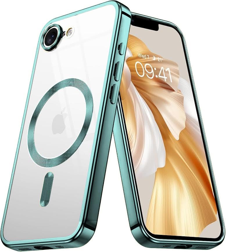 Image of VONZEE Electroplating Transparent Clear Logo Back Cover TPU Compatible with iPhone 17e / iPhone 16e Case, Compatible with Magsafe, Full Body & Camera Protection for Each Lens for Men & Women (Green)