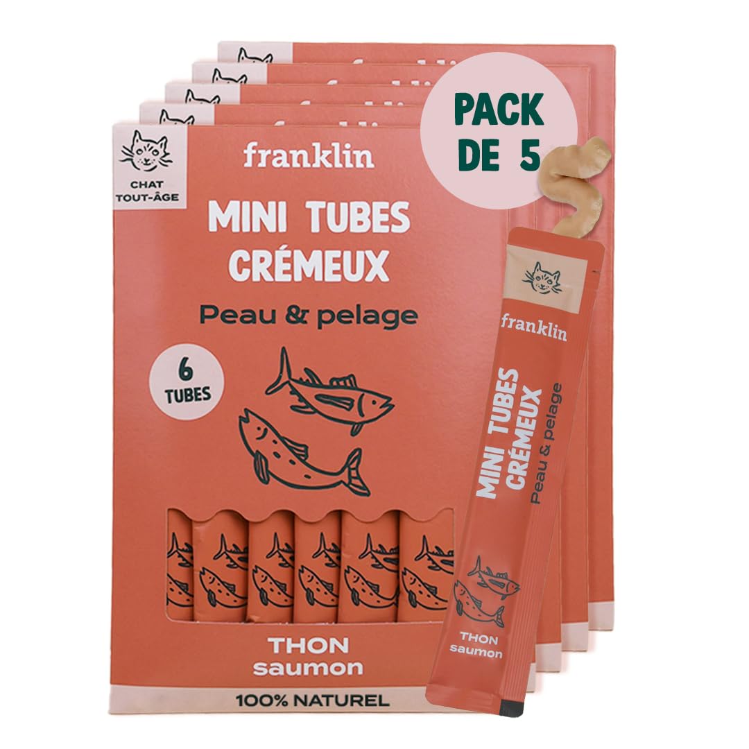FRANKLIN – Tube Crémeux Chat – Creamy Snack Thon et Saumon – Texture Crémeuse et Onctueuse – Ingrédients 100% Naturelles – Faible en Calories – Poils Doux et Brillant – 30 Tubes x 15g