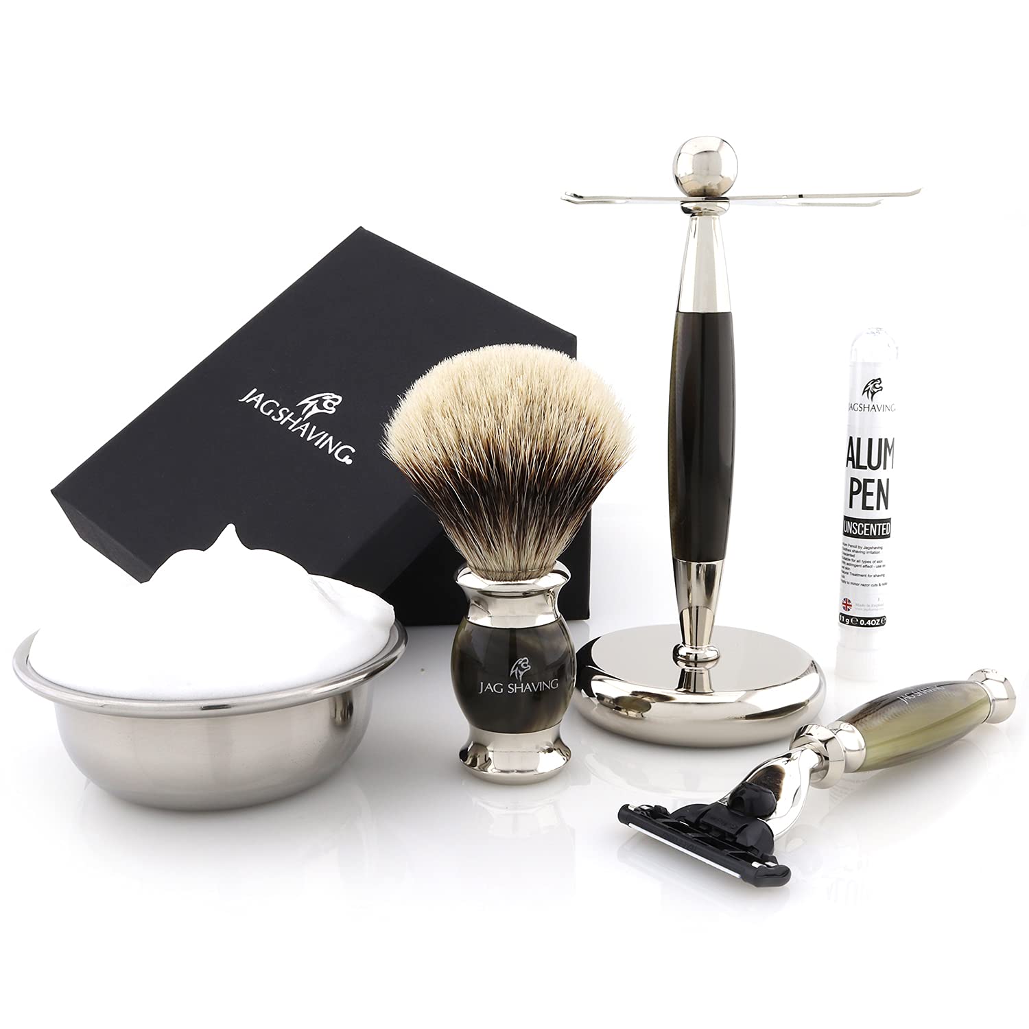 Jag Shaving zestaw do golenia - 3-częściowy zestaw do golenia - JAG's LEE Range - pędzel do golenia z włosia borsuka - 3 ostrza do golenia - stojak do golenia - kolor zielony
