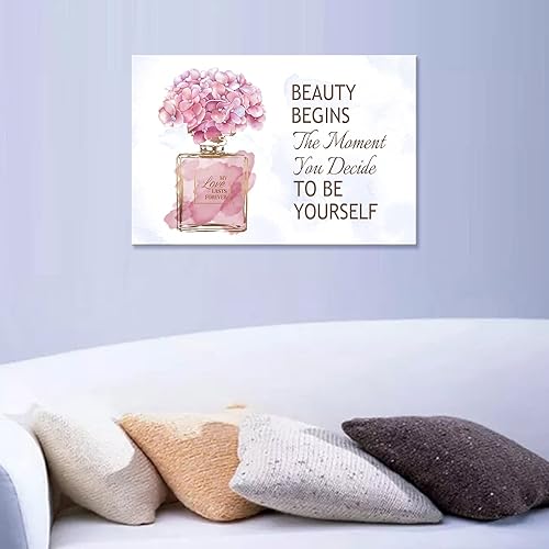 Miniatura 2 de arteWOODS Lienzo de perfume de moda para pared, botella dorada, flores rosas, lienzo con palabras inspiradoras, impresiones en lienzo motivacionales