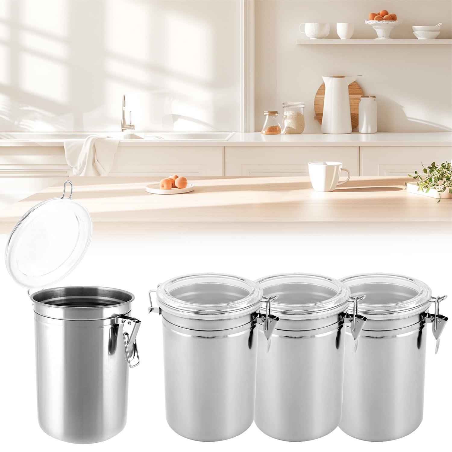 QWORK Juego de 4 recipientes de acero inoxidable de 68 onzas con tapas, recipientes herméticos de almacenamiento de alimentos para encimeras de cocina, tapas de abrazadera de bloqueo transparente,