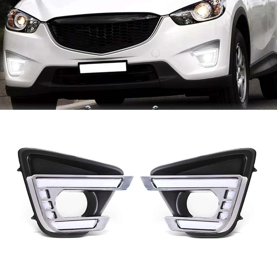 Światła przeciwmgielne do Mazda CX-5 (2012-2016): trójkolorowe światła do jazdy dziennej LED z wbudowanymi kierunkowskazami, przednie światło przeciwmgielne, zasilanie 12 V.