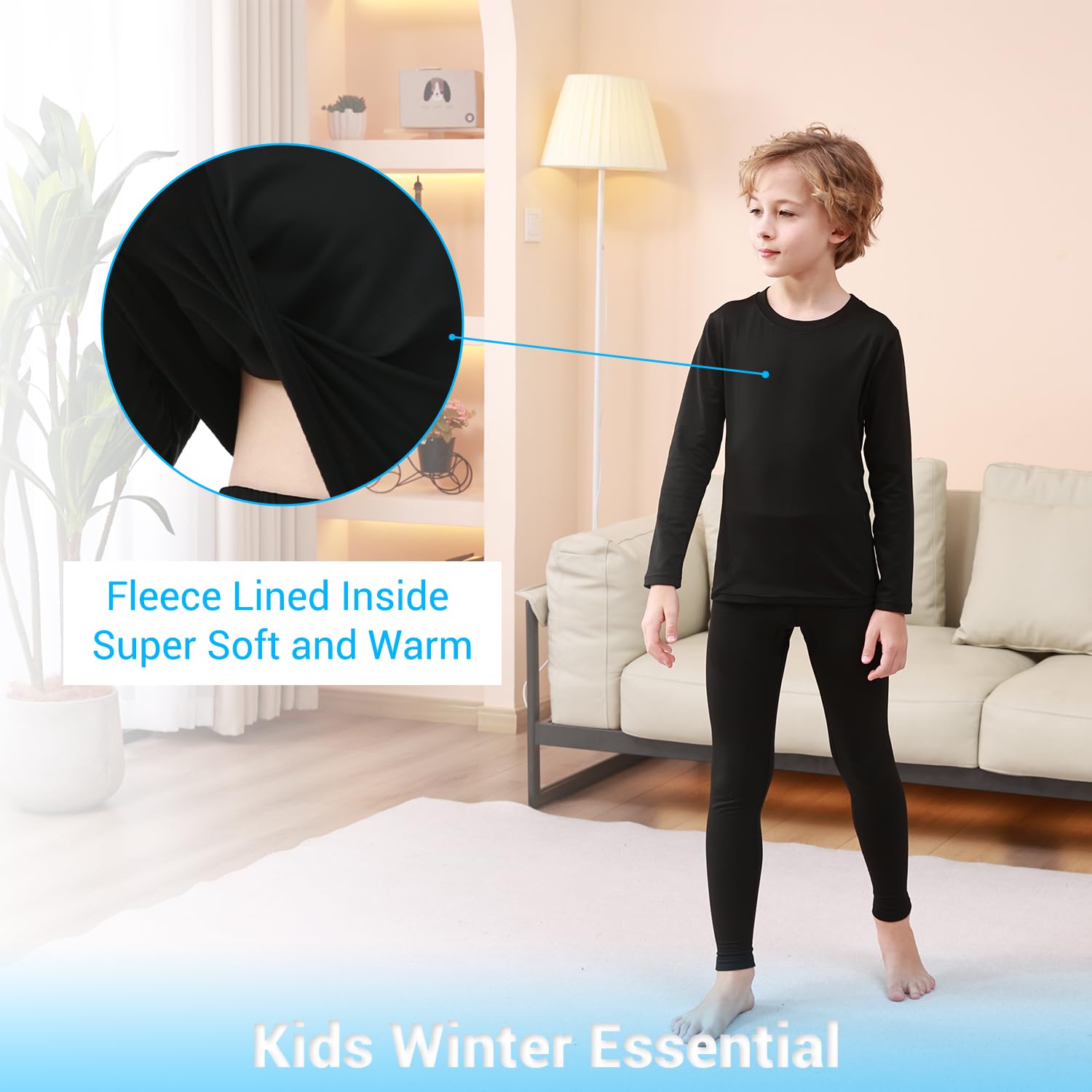 PISIQI Thermal Underwear Set for Boys Long Johns Fleece Lined Set Kids Ultra Soft Base Layer Top Bottom Warm Set for Skiing Black