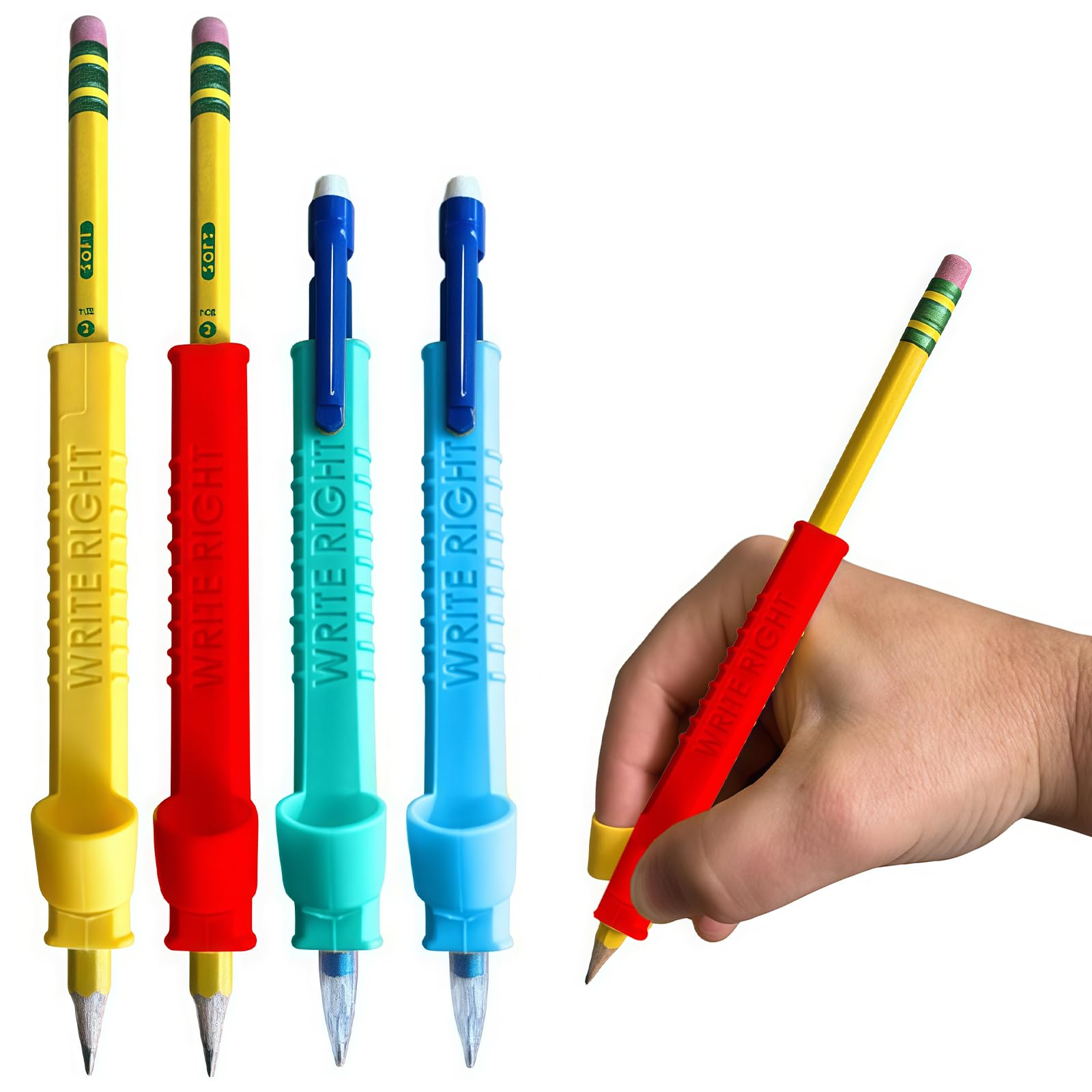 Vesavifaka Write Right Learning Pencil Sleeves, Pencil Grips for Children, Soft Textured Silicone Grip for Handwriting, Sensory-Friendly Tool for Students, Teachers, Therapists – 4 Pack
