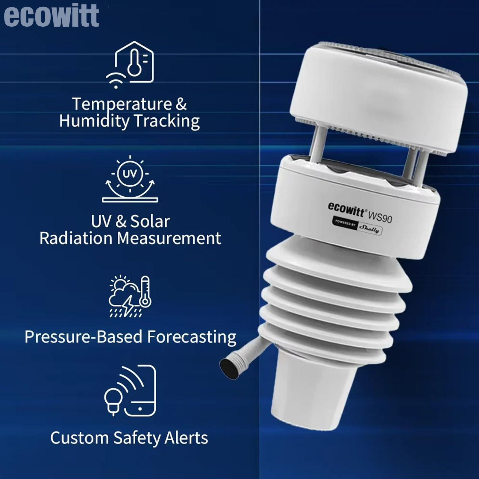 ECOWITT WS90 7-w-1 bezprzewodowy czujnik zewnętrzny do stacji pogodowej, zasilany energią słoneczną, wersja Bluetooth, kompatybilny z bramką Shelly Gateway