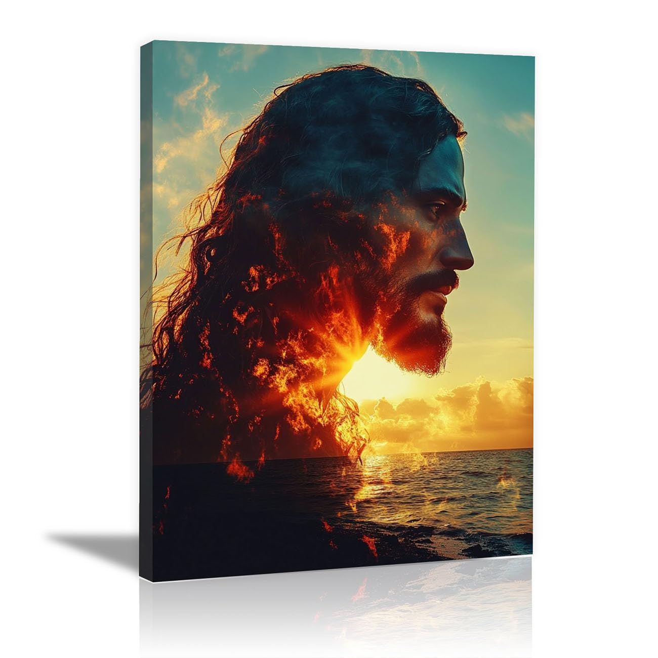 QUSAAOU Jesus Canvas Wall Art Portrait Jesus at Sunset Christian Religious Prints Painting for Bedroom Living Room Bedroom Hallway Home Decoration(orange)-70x100cm Framed