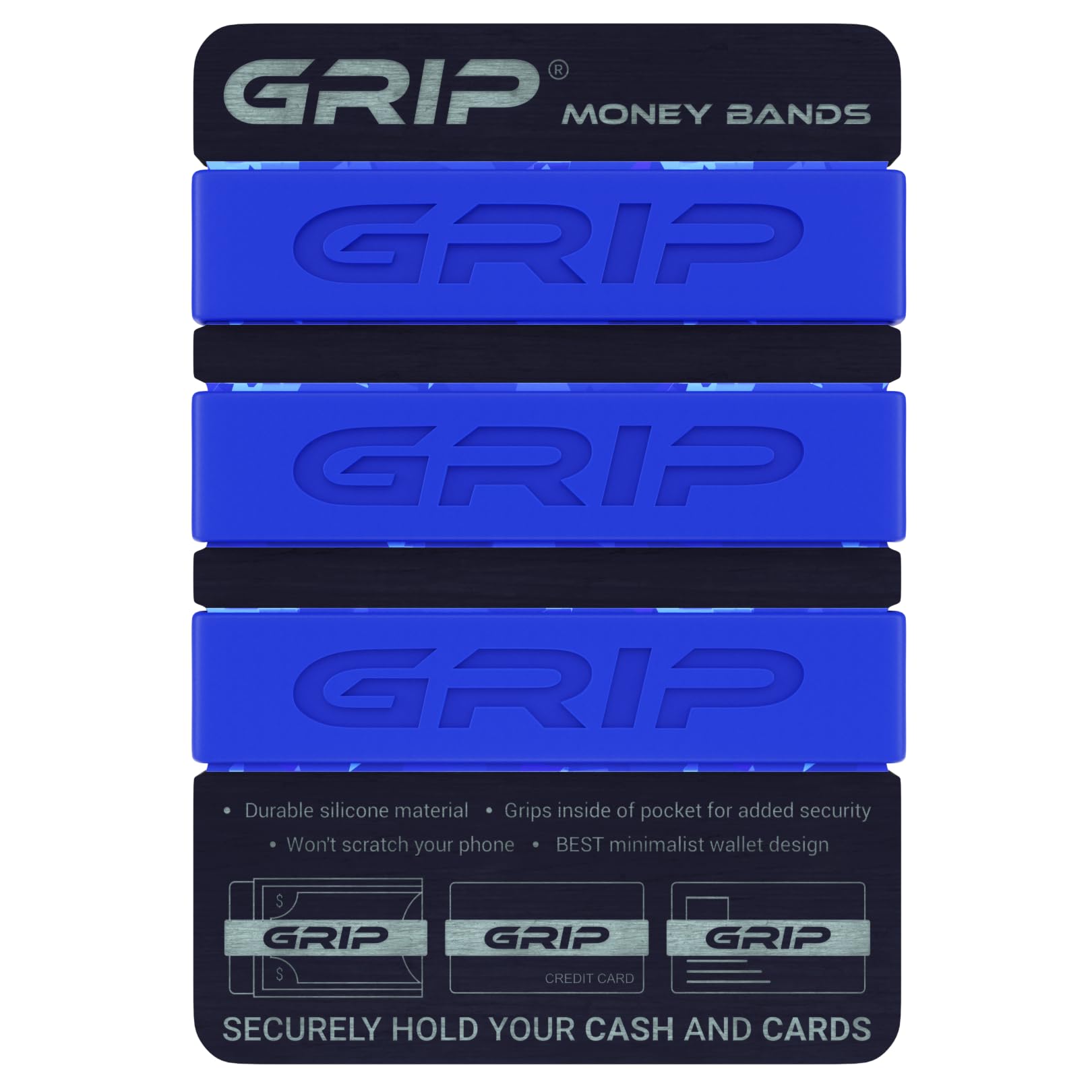 Grip Money Bands (Pack of 3) - DARK BLUE - Premium Silicone Band for Cash & Cards - Slim & Durable Design